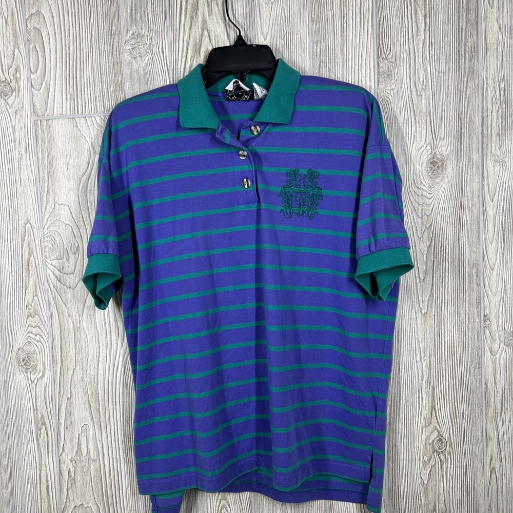 Erika & Co. Shirt Womens Large Purple/Green Striped Short‎ Sleeve 3 button